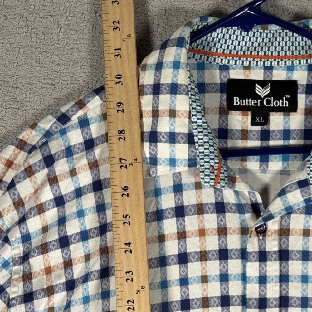 Butter Cloth Mens XL Button Down Shirt Long Sleeve Blue Plaid Cotton Geometric - Picture 14 of 15